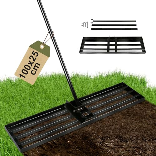 SROCHN Rasenrechen 100x25cm mit 2m Verstellbarem Griff & Drehsteckersystem , Handlicher Arbeitssparendes Rasen Nivellierrechen für Hof, Garten & Golfplatz