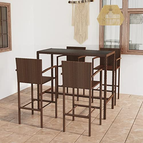 Mandloder 5-TLG. Gartenbar-Set aus braunem Polyrattan, Stehtisch mit gehärteter Glasplatte, 4 Barhocker, wetterfest für Terrasse, Balkon, Außenbereich