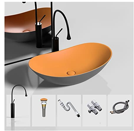 NEBE Küchenspüle Ovales Keramik-Waschbecken, 20,4 x 12,5 Keramik-Aufsatzwaschbecken mit schwarzem Wasserhahn und Pop-Up-Ablauf-Kombination(Orange)