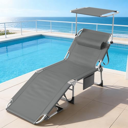 WoRaum Transat Pliant avec Toile Solaire 194x68cm – Chaise Longue Multi-Positions & Parasol 360°, 600D Oxford, INCL. Poche Latérale & Sangle de Transport (Chaise Camping, Anthracite)