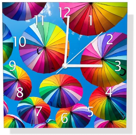 Wallario Design-Wanduhr Bunte Regenschirme vor blauem Himmel aus Glas, Motiv-Uhr Größe 30 x 30 cm, weiße Zeiger