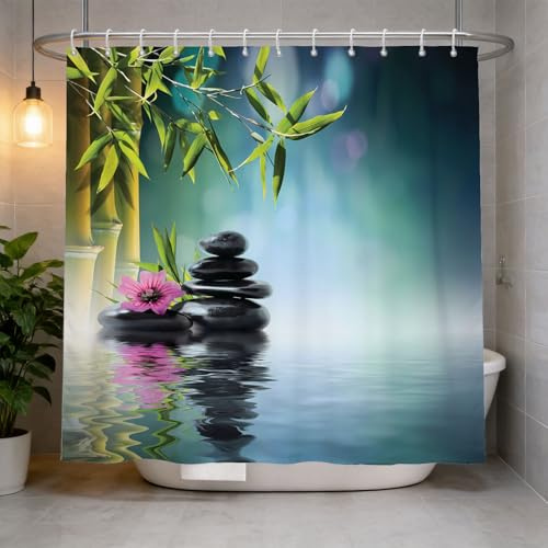 Hongduo 3D Duschvorhang 200x200 Zen Steine Antischimmel Wasserdicht Duschvorhänge Schick Shower Curtain aus Polyester Waschbar Vorhang mit Ringe