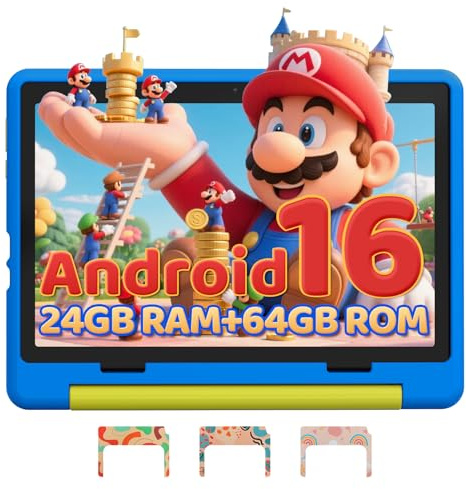 Gleeso Kids Tablet 10 inch Android 16, 24GB RAM+64GB ROM, Child Tablet 1280 * 800 IPS, 5MP+8MP Camera, 6000mAh, WiFi 6/BT 5.3, Parental Control, Toddler Tablet with Protective Case(Blue)