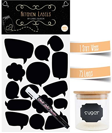 LabelQueen 75 Hochwertige Küchenetiketten für Einmachgläser in Matt Schwarz Tafelletiketten für Gewürzaufkleber und Marmeladenaufkleber zum Beschriften 5 Bögen á 15 Aufkleber + Kreidestift in Weiß