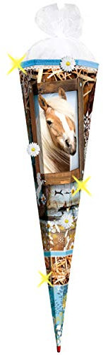 mit 3-D Effekt - Blüten + Rüschenborte ! Schultüte - Pferde & Blumen - 70 cm - Filzabschluß - Zuckertüte - mit Holzspitze - Roth - Mädchen - Pferd/F..