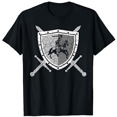 Mittelalter König Königin Ritter Rüstung - Ritter T-Shirt mit Löwen am Brustpanzer - Unisex Erwachsene - Schwarz - S - Kurzarm - Klassische Passform - Polyester