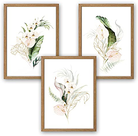 Kreative Feder 3-teiliges Premium Poster-Set | Weiße Orchideen | Deko Bild für Ihre Wand | optional mit Rahmen | Wohnzimmer Schlafzimmer Modern Fine Art | DIN A4 / A3 (A4, natur Rahmen)