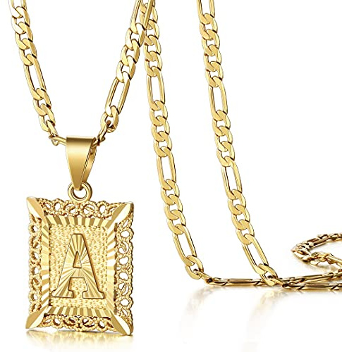 KissYan Initial Letter Pendant Necklace for Men Women, 14K Gold Plated Square Capital Monogram Necklace Alphabets from A-Z Figaro Chain Jewelry (Gold, A)