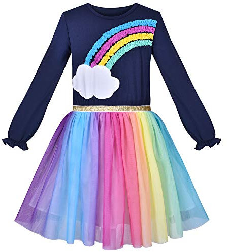 Sunny Fashion Vestito Bambina Arcobaleno Colorato Tulle Gonna Manica Lunga Vacanza Festa 6 Anni