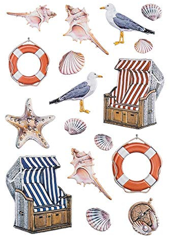 Ideen mit Herz Stickerbogen 3-D Relief-Sticker | Aufkleber | Hochwertig geprägt mit 3-D-Effekt | Din A4 Bogen mit verschiedenen Motiven (Maritim | Strandkorb)