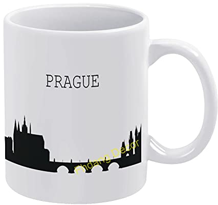 Kaffeetasse mit Skyline Prag, Weiß und Schwarz, 425 ml