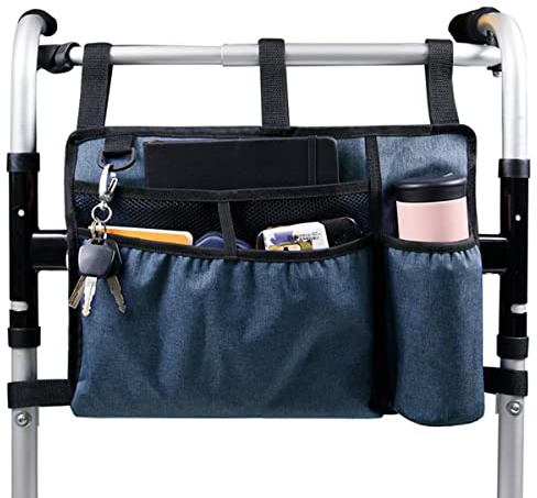 Jetcloud Walking Frame Bag with Cup Holder Large Capacity Walker Basket Folding Double Side Rollator Wheelchair Organizer Pouch Acessories Tote(blue)