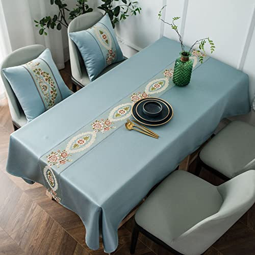 Pengcen Rechteckige Tischdecke, Polyestergewebe, Tischdecke für Esszimmer, rosa Blumen und ovales Muster, Dekoration für Wohnzimmer und Esstisch, 150 x 180 cm, Hellblau