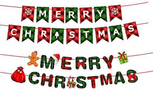 4 Stück Frohe Weihnachten Banner Dekoration – Rot & Grün Merry Christmas Banner für Home Office Dekoration, Schneemann Geschenk Muster Weihnachten Foto Requisiten, Weihnachtsdekorationen Banner