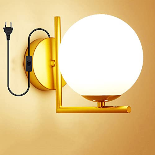 Applique murale en boule de verre blanc, Lampe murale moderne à globe LED sphérique avec abat-jour avec prise interrupteur, Luminaire mural intérieur allée chambre salon Couloir, Or noir (Or)