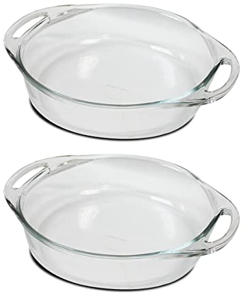 JUANIO Paquete de 2 Fuentes de horno redondas con asas, Moldes de vidrio, capacidad 2.4 L - Longitud 32.2 x Profundidad 26.3 x Altura 5.8 cm