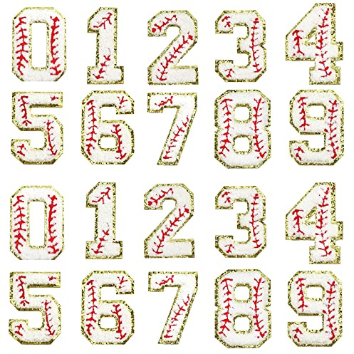 Baseball Number Patches Iron On 3 Inch Baseball Chenille Numbers 0-9 Varsity Numbers Sports Patches for Jackets Clothes Caps Jersey Shirts (Basball) 20pcs