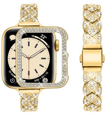 wutwuk Brillante Correa Compatible Apple Watch Mujer 44mm con Diamantes, Correa de Acero Inoxidable Delgada con Funda Protetora para Apple Watch series 6 5 4 y iWatch SE-Dorada 44mm