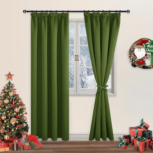 DWCN Blackout Curtains for Bedroom Thermal Insulated Curtain with Tiebacks Pencil Pleat Curtains for Living Room 46 x 72 inch Length, Green, 2 Panels
