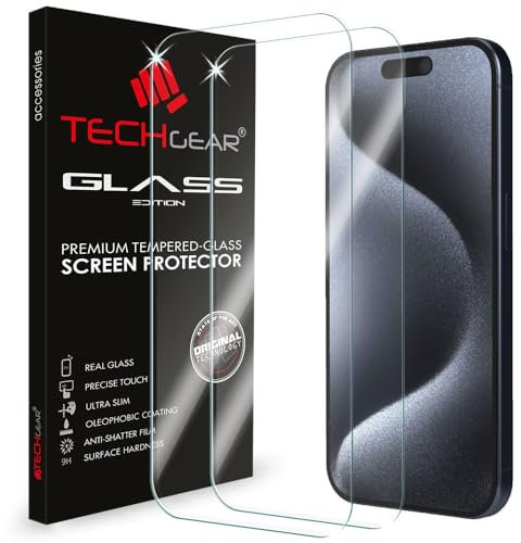 TECHGEAR [2 Pack GLASS Edition for iPhone 15 Pro 6.1, Tempered Glass Screen Protectors Cover [2.5D Round Edge] [9H Hardness] [Crystal Clarity] [Scratch-Resistant] [No-Bubble]