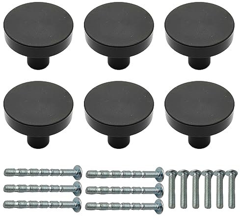FralnFit Cabinet Knobs Set, 6Pcs Black Handles for Cupboards, Matt Black Cupboard Handles, Aluminum Alloy Wardrobe Door Knobs with 6 Screws, Round Drawer Knobs for Bedroom Kitchen Bathroom (Black)