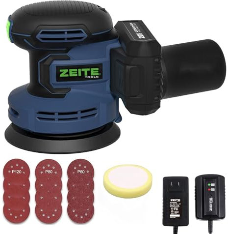 ZEITE 5 Inch 20V 2.0Ah Orbital Sander Cordless, 3,000-11,000 OPM, 6 Variable Speed Electic Sander for Woodworkiing, 12Pcs Sandpaper, Polishing Pad, Efficient Dust Extractor for DIY,Sanding,Polishing