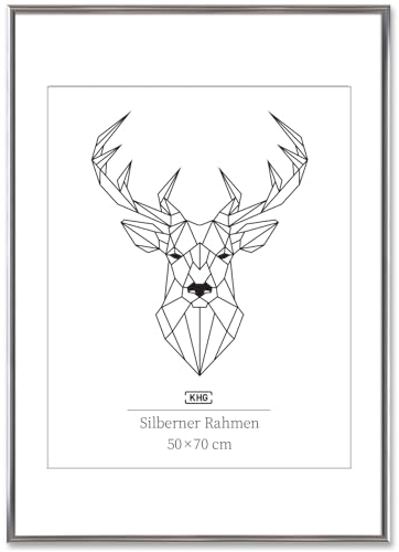 KHG Bilderrahmen aus Kunststoff mit stabilem Glas und Passepartout, zum Aufhängen oder Hinstellen, Ideal für Portraits, Urkunden, Poster - silber, 50x70 cm