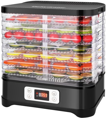 MEYKEY Deshidratador de Alimentos 8 Pisos Bandejas, Deshidratador para alimentos 400 W, Deshidratador eléctrico, con Indicador de tiempo, Temperatura ajustable 35-70℃, 400W, negro