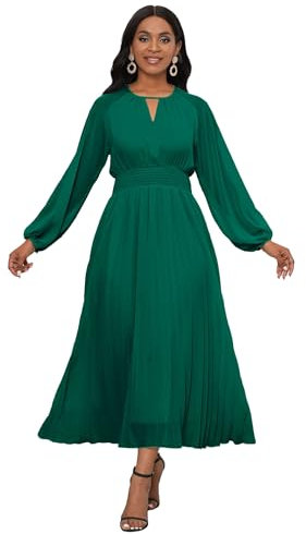 VERWIN Chiffon Dresses for Women Long Sleeve Round Neck Maxi Dress Elastic Waist Pleated A Line Flowy Dress L Green
