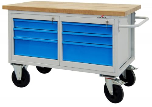 Steinbock Werkbank 6 Schubladen | 130x82,7x60 cm | 500 kg | Blau | 500 kg Tragkraft | 4 cm geölte Massivholz-Arbeitsplatte aus Buche | stabiles Stahlgestell | Werktisch | Made in EU