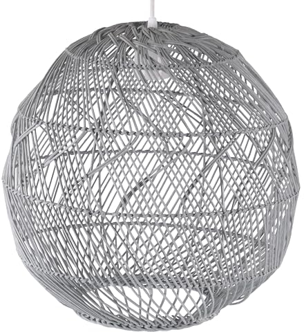 Decorasian Boho Lampenschirm aus Rattan – Korb Lampenschirm für Hängelampe mit E27 Lampenfassung – Rattan Pendelleuchte - grau