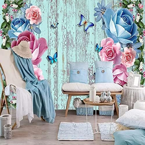 XLMING Vintage Blue Wooden Frame Floral Sofa Bedroom Living Room Tv Background 3D Wallpaper-200cm×140cm