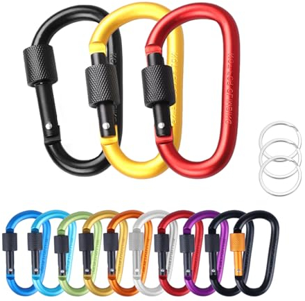 MORAINJAY 3 Pièces Mousqueton Aluminium en Forme D avec Verrouillage à vis,Mousqueton Tactique pour Camping, Extérieur,Vélo,Laisses de Chien(Rouge&Doré&Noir)