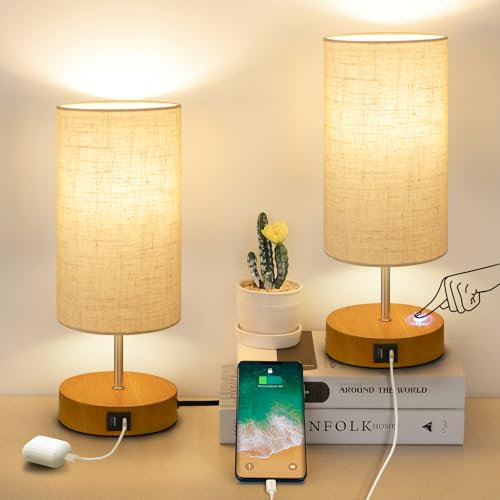 OUTON 2 Piezas Lámpara De Mesa Táctil Recargable Con Puertos De Carga USB A+C, Lámpara De Mesa Noche Brillo Ajustable 20%-100%, Pantalla Lámpara Para Dormitorio Salón (9W Bombilla Incluida)