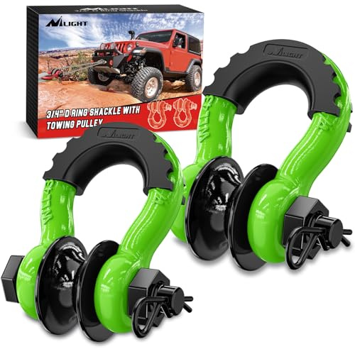 Nilight 3/4 D Ring Shackle with Towing Pulley 2 Pack 4.75 Ton (9500 Lbs) 7/8 Pin Heavy Duty Off Road Recovery Shackle with Isolators Washer Kit for Jeep Truck Tractor Vehicle ATV UTV, Green