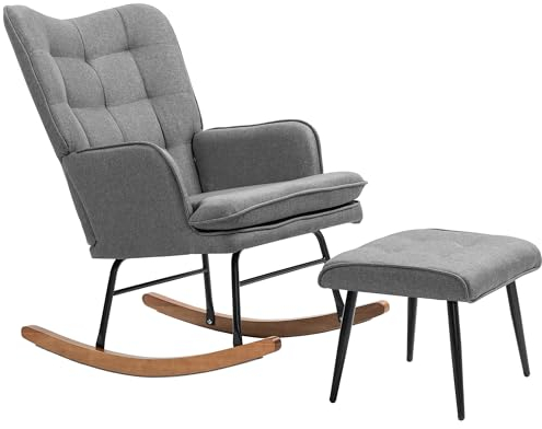 HOMCOM Schaukelstuhl Schwingsessel mit Hocker, Armlehnsessel, Sessel mit Leinenoptik, Schaukelsessel bis 130 kg Belastbarkeit für Schlafzimmer, Wohnzimmer, Dunkelgrau