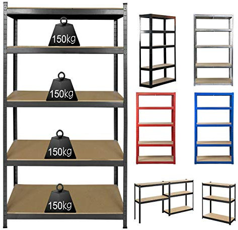 Robustes Garagenregal, 5 Etagen, schraubenlos, Metall, Stahl, Lagerregal für Industrie, Geschäft, Zuhause, MDF-Platte, wetterfest und einfach zu montieren (H x B x T) 150 x 70 x 30 cm, 875 kg