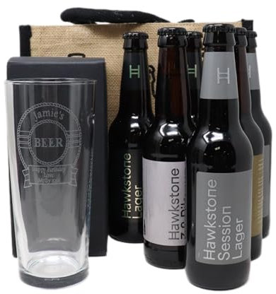 Personalised Engraved Pint Glass & 6 Bottles of Hawkstone Lager Beer Gift Set in Gift Bag For Dad Son & Grandad For Birthday, Christmas & Father's Day 4.8% vol (Beer)