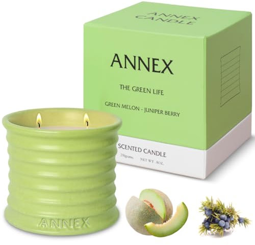 THE GREEN LIFE : Grüne Melone & Wacholderbeere Duftkerzen - Annex Handgefertigte Kerzen Aus Keramik | Scented Candle Sojawachs, Duftwachs, Kerzenfresser & Massagekerze, 50 Stunden Brenndauer duftkerze