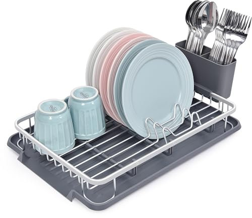 Amig - Escurreplatos Ezzik - 41,7 x 28,7 x 6 cm - Aluminio y Plástico - Color Gris - Escurreplatos con Bandeja para Goteo y Soporte para Cubiertos - Capacidad para 8 Platos, Vasos y Cubiertos