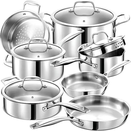 HJZSZX Kupferkern Edelstahl Töpfe Pfannen Set 5 Ply Clad Kochgeschirr Chef Grade Home Cooking, 3 Ply Glasdeckel, One