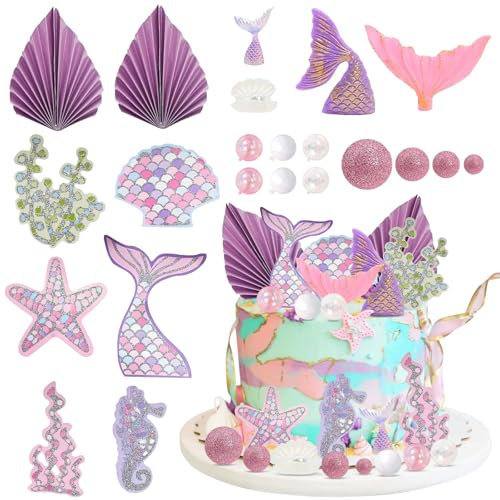 Toyhood 22Pcs Mermaid Theme Cake Topper, Mermaid Theme Birthdays Party Decorations, Ocean Theme Party, Mermaid Tail Seahorse Starfish Shell Cupcake Toppers, for Birthday Baby Shower Wedding Party