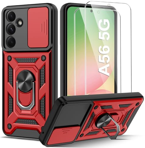 Guisessy Coque Compatible avec Samsung Galaxy A56 5G avec 2 Verre Trempé, Lentille Coulissante Couverture, Support 360° Rotatif Militaire PC Dur Renforcée Armor Antichoc Bumper Housse Etui - Rouge