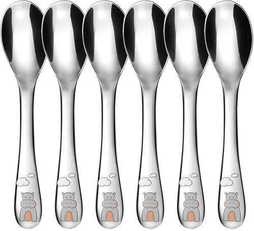 GRÄWE Kleine Kinderlöffel 13 cm, 6-teilig, Löffel Set, Edelstahl, Besteck für Jungen Mädchen, Kinderbesteck ab 3 Jahre, Motiv Flusspferd