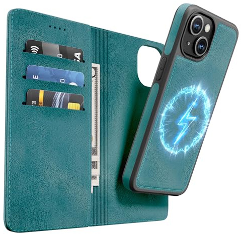 OASISBLUE iPhone 13 Hülle,[2 in 1 Magnetisch Abnehmbar] Kabelloses Laden Kompatibel Stoßfest Schutzhülle Lederhülle Klapphülle Handyhülle für iPhone 13 - blaugrün