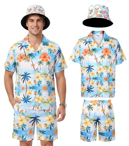 Antsparty Hawaii-Hemd und Shorts für Herren, Set mit Mützen, Sonnenbrille, Sommer, lässiges Strandhemd, Style-4, L