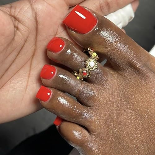 24Pcs Red Press on Toenails Short Square, French Tip False Toenails, Solid Color Spring Summer Glossy Acrylic Fake Toe Nails, Reusable Full Cover Stick on Toe Nails for Women Girls DIY Manicure