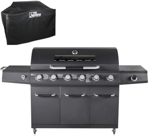 Fire Mountain Everest Pro 7 Burner Premium Gas BBQ & BBQ Cover, Outdoor Barbecue Grill, 6 Main + 1 Side Burner, Lid with Glass Window and Built-in Thermometer, Family Sized Barbecue