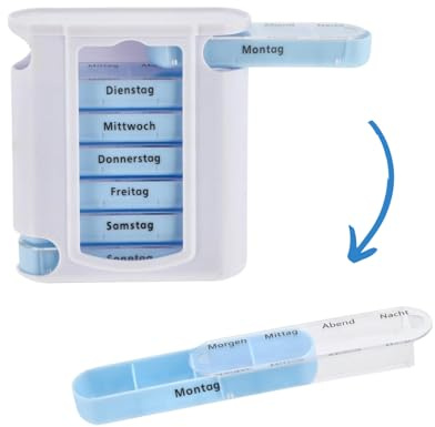 Tablettenbox Pillendose Pillenbox – 7 Tage, 4 Fächer – weiß, blau | Morgens, Mittags, Abends, Nachts – Aufbewahrung, Senioren – Medikamente, Vitamine, Nahrungsergänzung – Seaside No.64