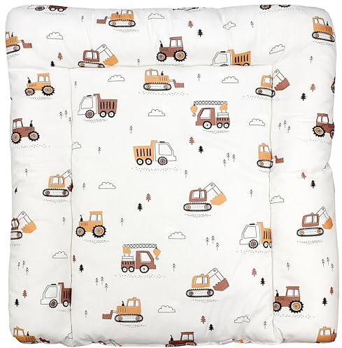 TupTam Baby Wickeltischauflage mit Baumwollbezug Gemustert, Farbe: Baufahrzeuge/Bagger/Beige, Größe: 70 x 50 cm